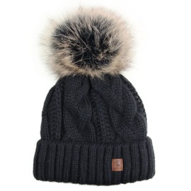 Ever Bloom Women's Knitted Cable Knit Beanie Hat with Faux Fur Bobble Removable, Made in the EU, Warm Winter Hat with Fleece Lining High Quality, black