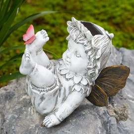 Suyorpe Garden Fairy Outdoor Solar Decor,Fairy Garden,Garden Sculpture,Resin Ornaments for Patio Lawn Yard Porch,Playful Garden Flower Fairy Statues for Outside Angel Gifts,7.91 Inches Tall