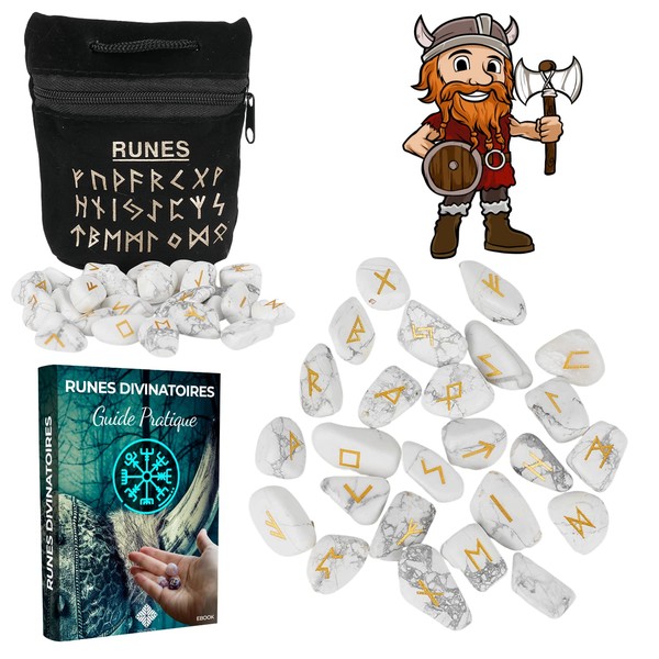 Vikings Divinatory Runes – Pack of 25 Natural Stone Runes in HOWLITE Engraved 💎 (2 cm x 1 cm) + Black Bag + Practical Ebook (PDF) – Runic Alphabet Futhark Perfect for Divination, Clairvoyance
