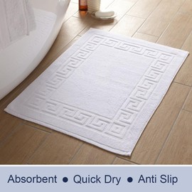 MAKOOZ 2 Pc Bath Mat Set-Classic Greek Key Pattern 750 GSM - Non-Slip, Ultra Soft Touch, Water Absorbent Rug, Quick Drying, Egyptian Cotton Plush Foot Towel for Bathroom Tub and Shower –White 50x75 CM