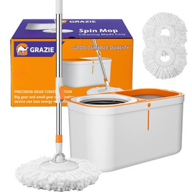 Grazie Spin Mop and Bucket with Wringer – 360° Self-Wringing Floor Cleaning System for Hardwood, Tile & Laminate – Stainless Steel Handle + Mop Refills – Easy Home Mop Set