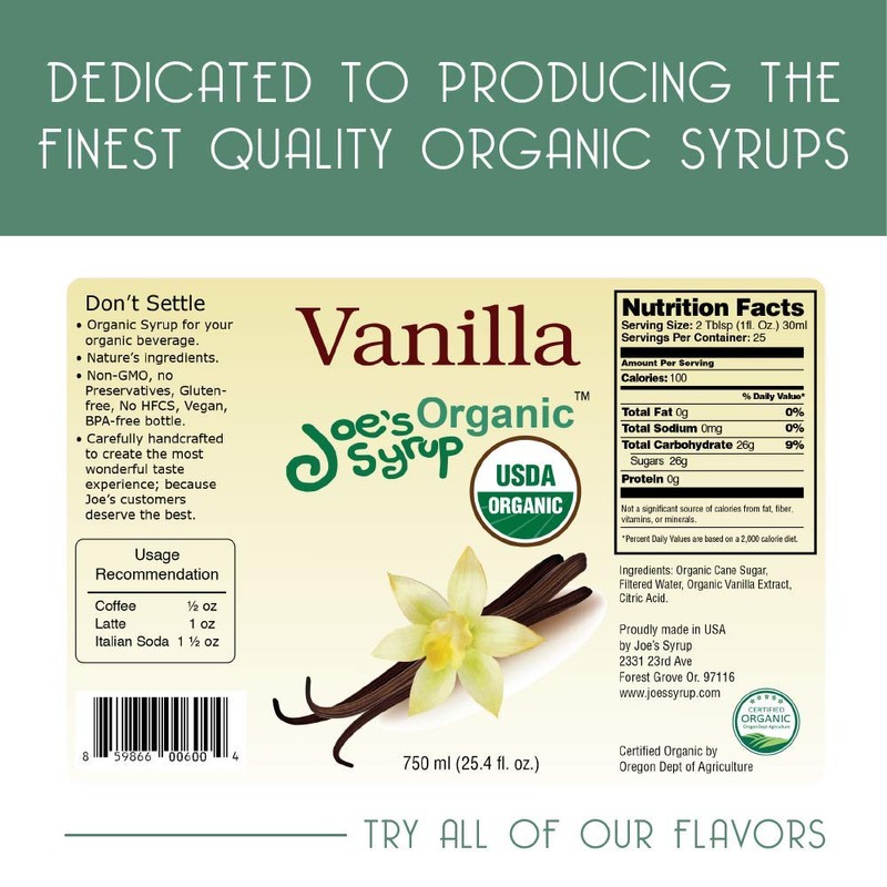 Joe’s Syrup Organic Flavored Syrup, Organic Vanilla, 750 ml
