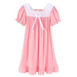 CHUNG Little Girls Vintage Victorian Nighties Long Sleeve Lace Square Neck Nightdress Princess Nightgown Pink Short Sleeve, 3-4 Years