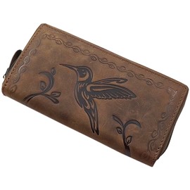myledershop Große Büffel-Vollleder Damen Geldbörse/Geldbeutel/Portemonnaie/Geldtasche mit Colibri-Motiv oder ohne Motiv mit RFID & NFC Schutz (Mit Colibri-Motiv/Cognac)