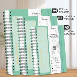 Qefuna Notebook A5 Lined, 300 Pages Spiral Notebook, 100 g/m² Ink-proof Paper, PVC Hardcover, with Ruler, Expandable Pockets, Elastic Band, for Women, Men, 14.5 x 21 cm (Blue/Green)