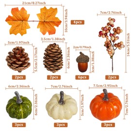 Artmag Pumpkin Decor Set, 25 PCS Fall Artificial Maple Leaves, Harvest Pumpkins, Acorns, Pine Cones and Orange Berry Stems Decorations for Fall Thanksgiving Table Decor