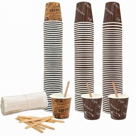 COFFISANO Set of 150 Coffee Cups 75ml Brown Paper + 150 Wooden Sticks Disposable Cups and Stirrers Recyclable for Restaurant Office Sports Bar Espresso