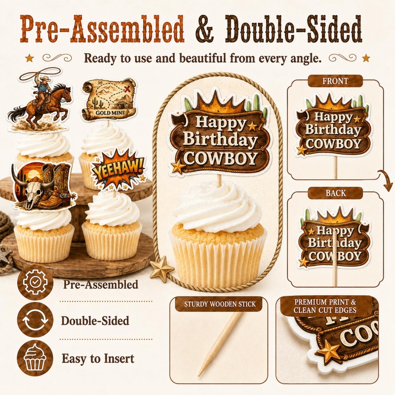 ALISSAR 36 Pcs Western Cowboy Cupcake Toppers, Birthday Party Decor