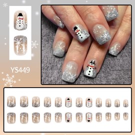 Christmas Press on Nails Short Square Fake Nails with Snowflake Charm Design Silver Glitter Glue on Nails Snowman Stick on Nails Glossy Reusable Winter Nails French False Nails for Women Girls