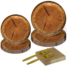 partiazy 100 Pieces Wood Grain Paper Plates Set 9" Rustic Wood Slice Paper Plates, 7" Woodland Plates Camp-Fire Camping Party Supplies Forest Themed Baby Shower Lumberjack Birthday Party Decorations