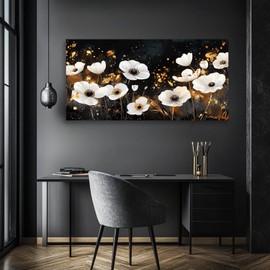 Modern White Poppies Canvas Wall Art for Bedroom Office Home Decor Black and Gold Floral Print Wall Decoration Large Living Room Decor Framed 24"x48" Ready to Hang