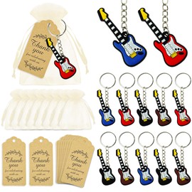 BANBALLON 12 Sets Guitar Party Favors Guitar Key Chains with Organza Bags Thank You Tags for Birthday Party 80s 90s Party Rock and Roll Theme Karaoke Music Party Baby Shower Supplies