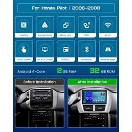 Roinvou [2G+64G] Car Radio for Honda Pilot 2006-2008 with Wireless Carplay/Android Auto, 9 Inch Android 13 IPS Touch Screen Car Stereo, Bluetooth, GPS Navi, WiFi, SWC, 28UI, DSP + Backup Camera