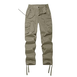 FOURSTEEDS Women's Mid Waist Cotton Regular Fit Solid Color Working Outdoor Drawstring Straight Leg Cargo Pants Khaki XL