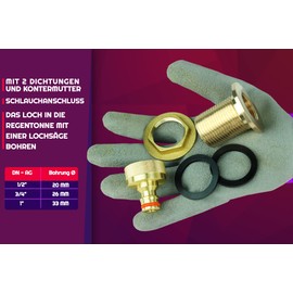 Rain Barrel Feed-Through 1 Inch Male Thread with Tap Piece, Tank Feed-Through 33.2 mm Male Thread (3/4 Female Thread) Made in Italy Includes 2 Seals, 1 Piece