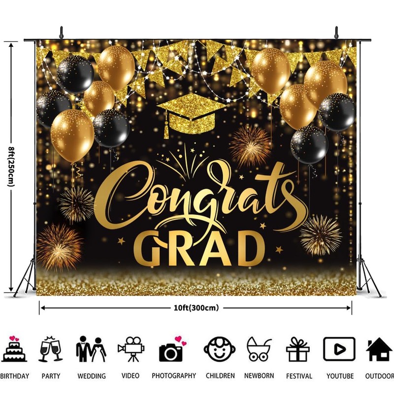 10x8ft Graduation Backdrop 2026 Congrats Grad Banner Black and Gold