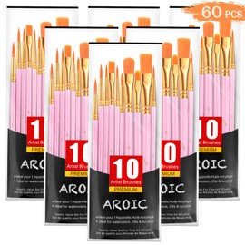 AROIC Acrylic Paint Brushes, 6 Packs/60 pcs Nylon Hair Paint Brush Set for All Purpose Oil Watercolor Painting Artist Professional Kits (Pink)