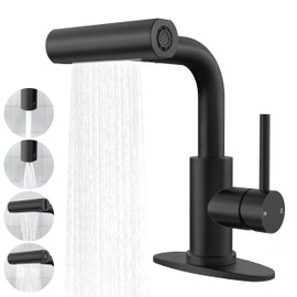 FROPO Matte Black Bathroom Sink Faucet with Pull Down Sprayer - 4 Mode Single Handle Vanity Faucet Waterfall Bathroom Faucet with Pull Down Sprayer (No Drain)