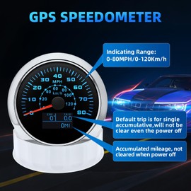 MH Boat GPS Speedometer Car 80mph/ 120km Speed 85mm 3 3/8" Waterproof 7 Color AUTO Gauge for Truck Marine (Black and Silver)