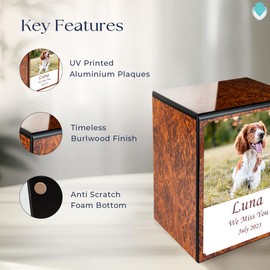 GetUrns Heritage - Wooden Pet Urn for Dogs & Cats I Small Burl Wood Cremation Urns for Pets I Custom Picture Urn with Engraving I Pet Photo Memorial Box I 40lbs