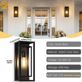 Feanron 16.5'' Large Outdoor Porch Wall Lanterns, 2 Pack Matte Black Exterior Outdoor Lights with Clear Glass Shade, Modern Wterproof Light Fixtures for Front Door, Patio, Garage, LED Bulb Included