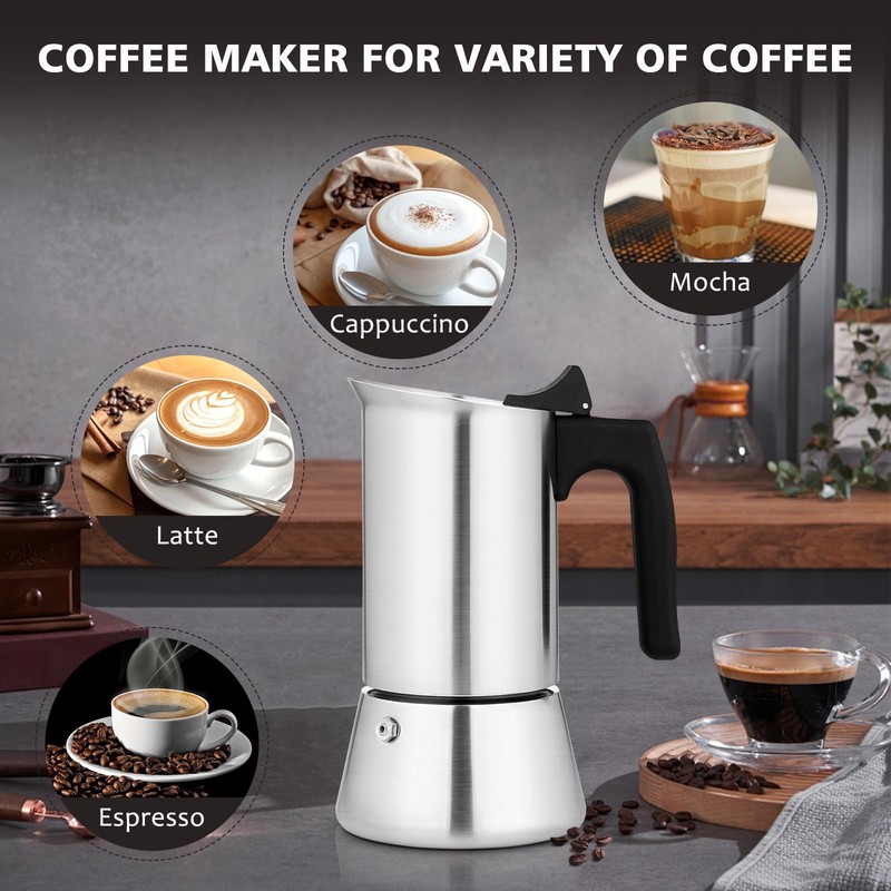 VONATES Stovetop Espresso Maker Stainless Steel Moka Pot, 9 cup