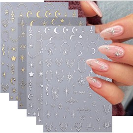 Gold Moon Star Nail Art Stickers Decals Luxury Gold Silver Metallic Nail Stickers Sun Stars Moon Nail Art Design with Starlight Moon Charm Nail Adhesive Sliders for Women Manicure Decoration 12 Sheets