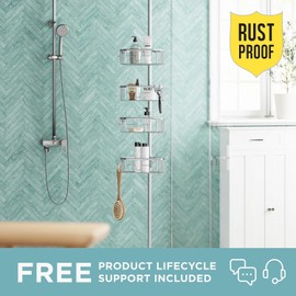 Zenna Home Tension Pole Shower Caddy Corner Organizer, Adjustable Standing Shower Caddy with 4 Shelves, Rustproof Bathroom Tension Rod Organizer, 60 to 108 Inch, Satin Chrome