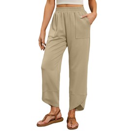 Quenteen Womens Baggy Wide Leg Pants 2025 Summer Elastic Waisted Cropped Casual Palazzo Harem Pants with Pockets Khaki S