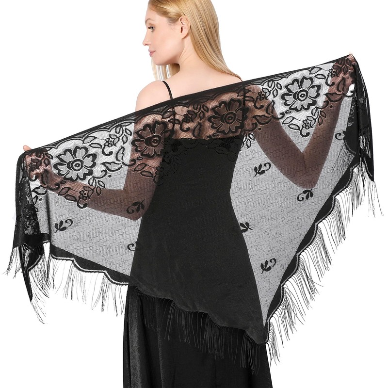 vimate Black Triangle Shawl Headscarf -Ladies Lace Floral Thin Fringe
