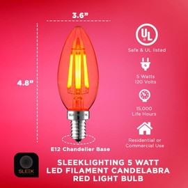 SLEEKLIGHTING - foco LED de filamento E12 de 5 W, foco roja (reemplazo incandescente de 60 W, punta de torpedo, cubierta de vidrio transparente E12, base de 4 unidades