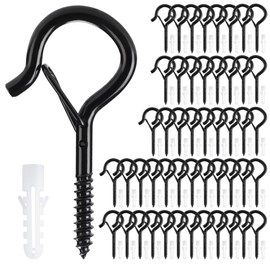 50 PCS Screw Hooks for Hanging Outdoor String Lights, 1.5 inch Q-Hanger Hooks with Safety Buckle, Screw-in Ceiling Hooks for Hanging Plants, Holiday Decor & Patio Lights, Black Cup Hooks, Eye Hooks