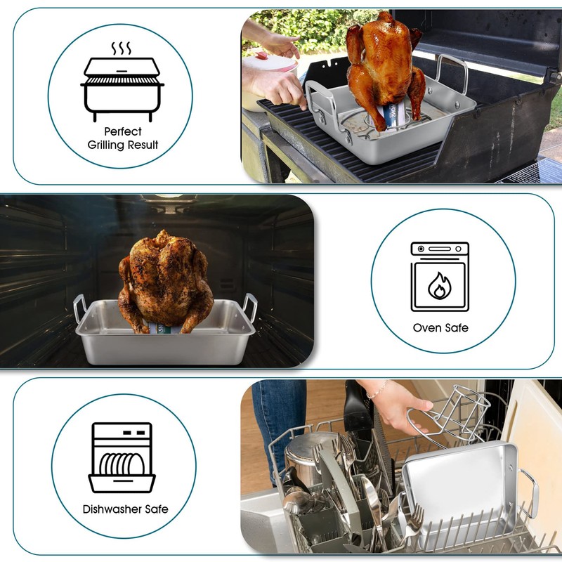 TeamFar Beer Can Chicken Holder, Stainless Steel Roasting Drip Pan