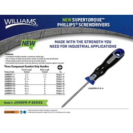 Williams JHWSPR-P-0-3 Supertorque Phillips Screwdrivers - #0 Tip, 3-Inch Blade Length, 6-1/2-Inch Overall Length, Three Component Comfort Grip Handle