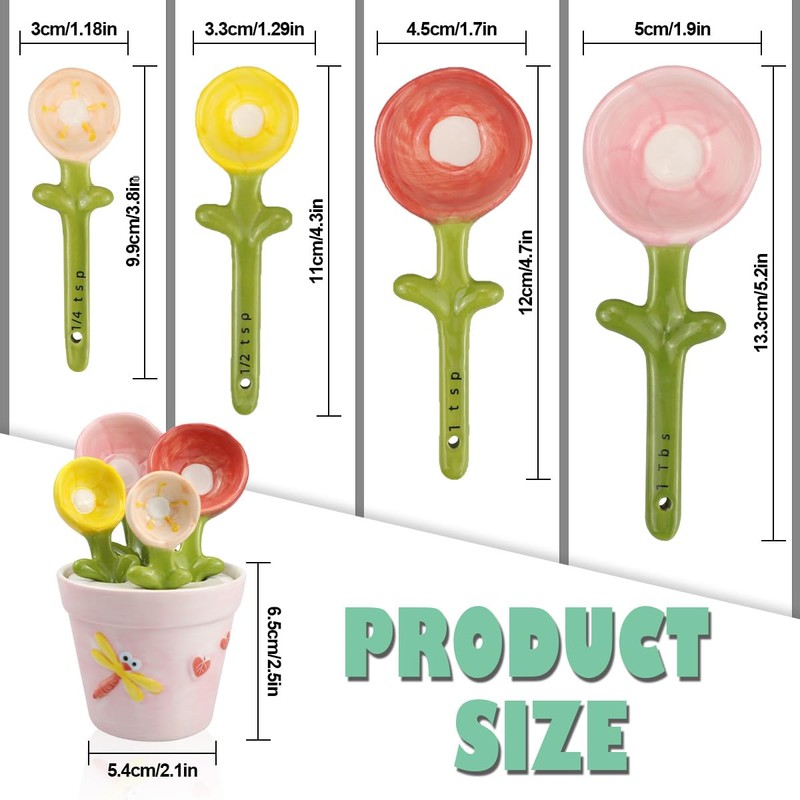 DOERDO Ceramic Measuring Spoons with Holder, Flower Measure Scoops for