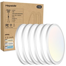 hepside 6PACK LED Flush Mount Ceiling Light, 3000K-4000K-6500K & 100W Equivalent Modern Kitchen Recessed Ceiling Lamp 15W 1500Lm 7.5 Inch for Bathroom Closet Laundry Bedroom Hallway, White