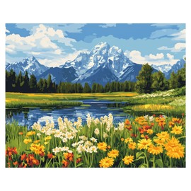Grand Teton Paint by Number, Grand Teton National Park Paint by Numbers Kit for Adults, Mountains Landscape Canvas Wall Art, Lake Tree Wildflowers Acrylic Painting Home Decor(16x20inch, Unframed)