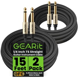 GEARit Guitar Instrument Cable (15ft 2-Pack) 1/4 Inch to 1/4 inch TS Straight Male to Male 6.35mm Mono Jack with Alloy Connector and Nylon Braid