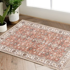 TOPICK Doormat Entrance Area Rug Foldable Thin Washable Vintage Floral Print Non-Slip Kitchen Bathroom Living Room Bedroom 60 x 90 cm Brick Red