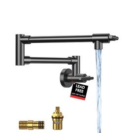 RALANDA Pot Filler, Pot Filler Faucet Wall Mount, Metal Folding Stretchable with Double Joint Swing Arm Single Hole Two Handles Kitchen Restaurant (Matte Black)