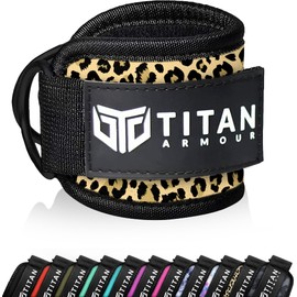 Titan Armour® Single Ankle Straps for Cable Machines | Gym Cuffs w/Heavy-Duty Steel Double D-Rings & Adjustable Strap | Lower Body Workouts Inc. Leg Curl & Glute Kickback (Leopard Print)