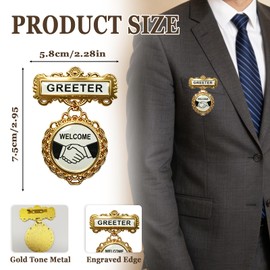 8 Pack Church Greeter Badges Multipack, Pin Back Gold Tone Fancy Round Welcome Badge for Church Leadership, Reusable Name Badges for Greeters, Ushers, and Choir