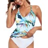 RELLECIGA Women's Leaf Print V Neckline Ruched Tankini Top Swimsuits