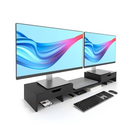 Epesoware Dual Monitor Riser with Two Drawers for Desk, Bamboo Monitor Stand Riser with Storage, Desk Shelf for Computer, IMac & Laptop, No Assembly Required, Black