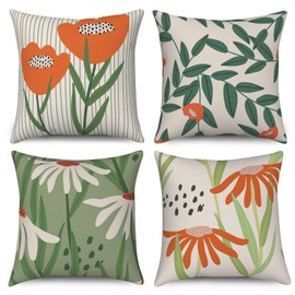 ASDCXZ Cushion Cover 40 x 40 cm Set of 4 Boho Orange Flowers Leaves Green Beige Sofa Decorative Cushion Covers Cushion Covers Washable Polyester Flax Textile Outdoor Pillowcase Cushion Cover