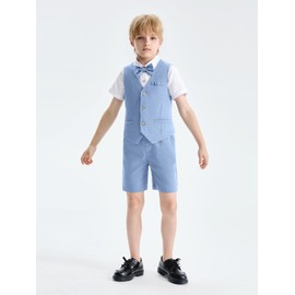 LOLANTA 4PCS Page Boy Outfit, Boys Wedding Suit, Kids Gentleman Waistcoat Shorts Suit Set, Linen Summer Waistcoat Set, Christening Ceremony Prom Birthday Partywear, SkyBlue, 11-12 Years, 160