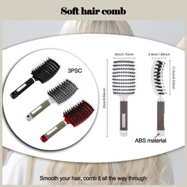 DUGEGAYL Pack of 3 Ventilated Detangling Hair Brush, Boar Bristles, Boar Bristles, Curved Hair Brush with Comb for Long, Curly Hair, Styling Hair Brush Set (Black, White, Red)