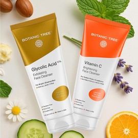 Botanic Tree Double Face Wash Kit - Gentle Facial Cleanser Set of Glycolic Acid Exfoliator Facewash And Vitamin C Cleanser for Women, Men - Natural Exfoliating Scrub Set for Oily, Dry, Sensitive Skin