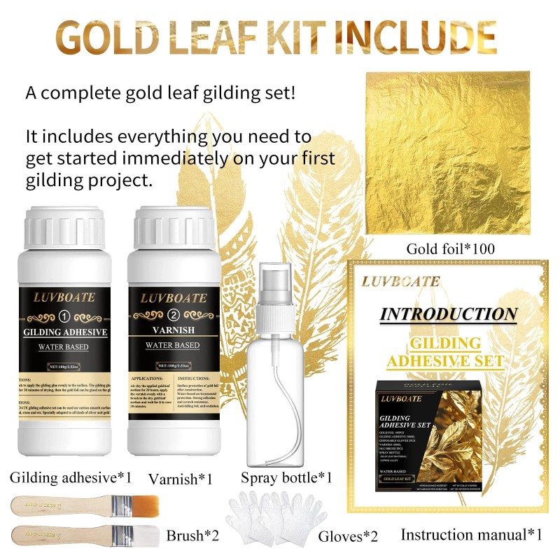 Luvboate Gilding Adhesive Set, Gold Leaf Kit, 3.53oz Water Based