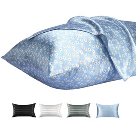 Lirex Set of 2 Satin Cushion Covers 40 x 70 cm with Zip, Soft Like Silk Cushion Covers, Satin Pillowcase Cushion Cover for Hair and Skin, Blue Daisies